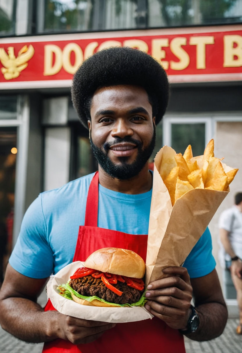 Black guy in communist clothing from ddr holding a döner kebab 