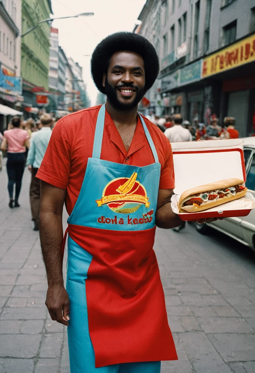 Black guy in communist clothing from ddr holding a döner kebab