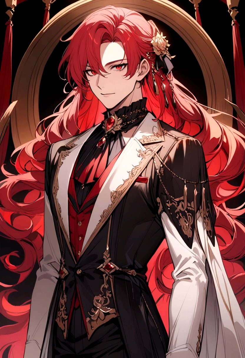 adult man, with red hair, large hair, Eyes red