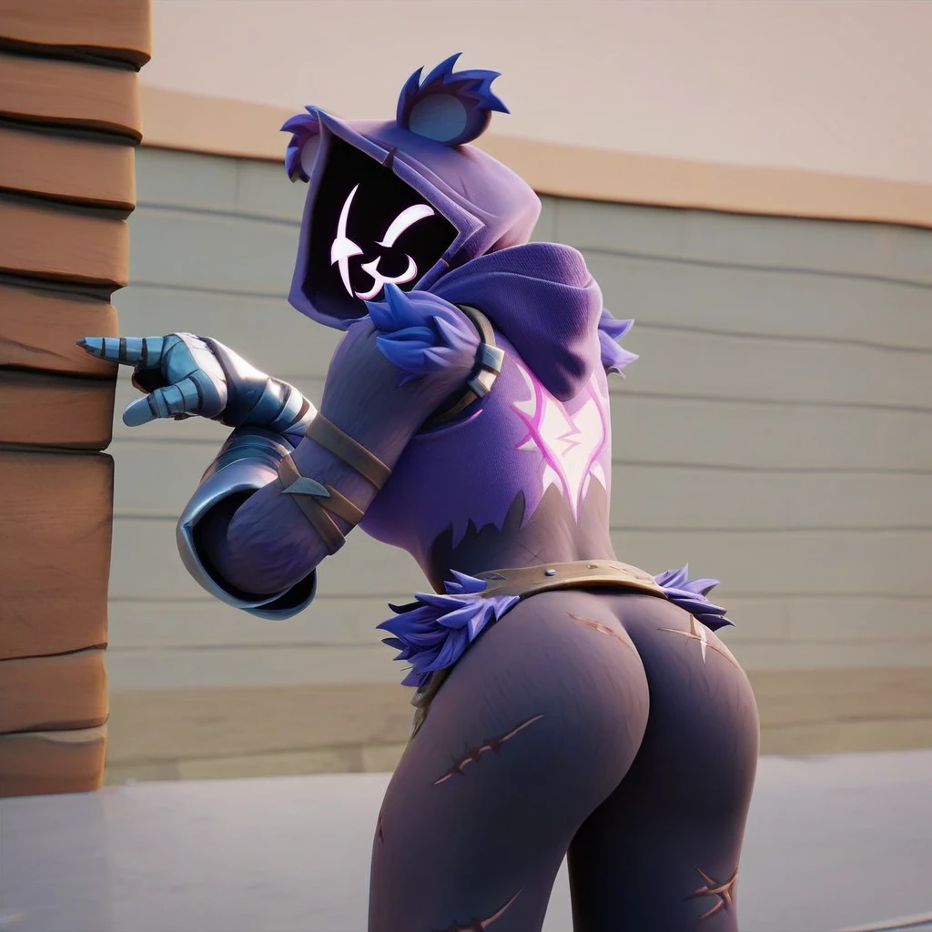 Raven team leader,purple hoodie, with no face, shadowed face, animal ears,purple skin, scar on eye, body skin, purple fur, waist belt, torso symbol, metal gloves, pointing your ass at the viewer, leaning forward, pushing, she closes her eyes, hands resting on top of a small wall, arms on top of a wall with her eyes closed, expression of force. scenery and a sunny day