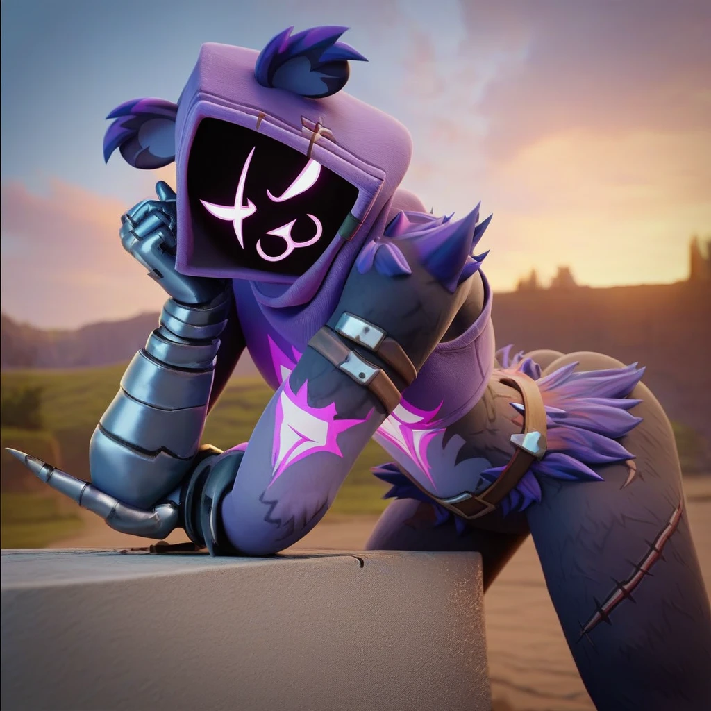 Raven team leader,purple hoodie, with no face, shadowed face, animal ears,purple skin, scar on eye, body skin, purple fur, waist belt, torso symbol, metal gloves, pointing your ass at the viewer, leaning forward, pushing, she closes her eyes, hands resting on top of a small wall, arms on top of a wall with her eyes closed, expression of force. scenery and a sunny day