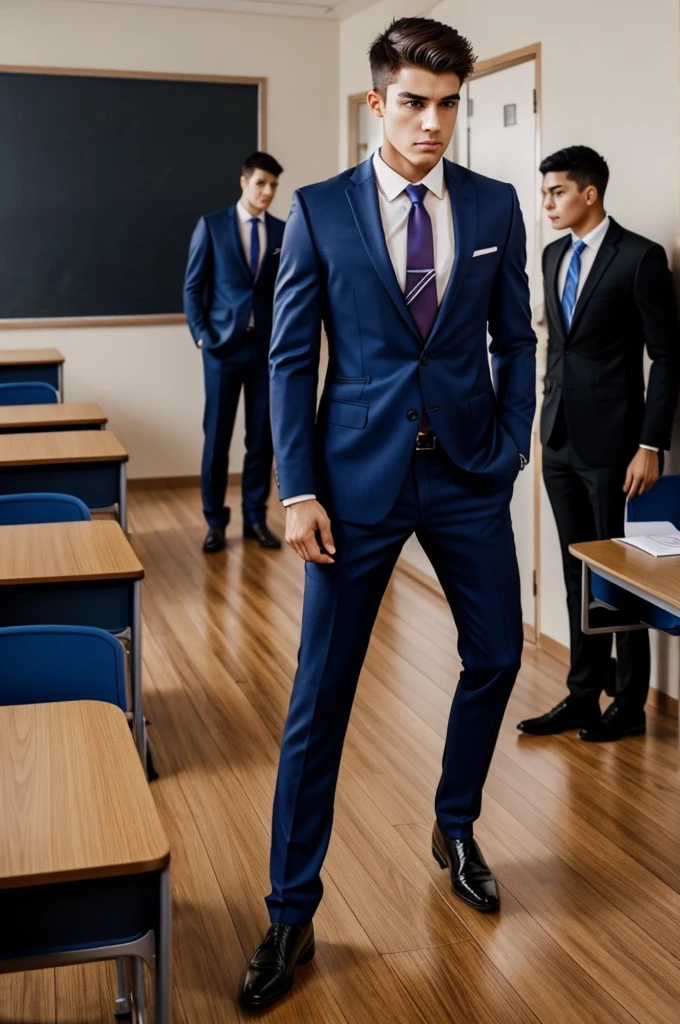 another boy in a suit enters the room , He looks very conceited and a little full. , He looks upset and fights with the teacher
