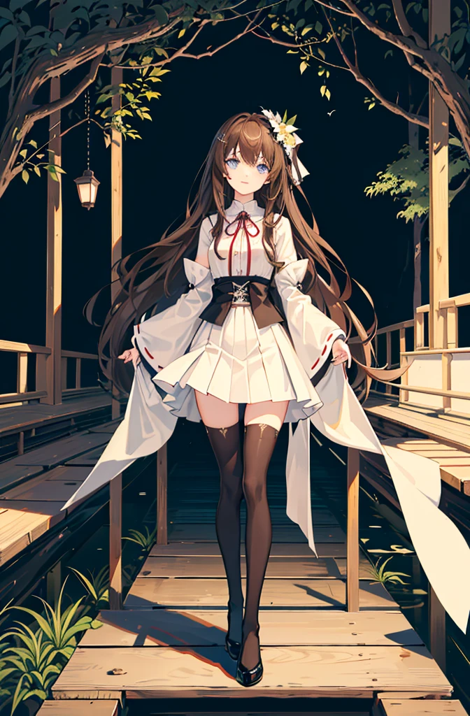 1girl,  solo, outdoors, long hair, holy place, Original,(Illustration:1.1),(Best Quality),(masutepiece:1.1),(the Extremely Detailed CG Unity 8K Wallpapers:1.1), (Colorful:0.9),(mid-shot:0.95),(extremely detailed beautiful face),(Solo:1.2), (girl),(((Lori))), (Detailed beautiful eyes:1.15), (Beautiful face:1.15), (Glowing blue eyes:1.25////),(((Brown Long Hair))),(two side up),(+perfect hand+:1.21),(Draw illustration of Japan priestess costume),(slender),(White pleated skirt),(Gothic),((black thighhighs)),(frilld),(Beautiful Slender Lolita Girl),hallowween,standing, girl,10 years old,  girl,underground waterway,((dark place)),((dark place)),((dark place)),((dark place)),((Dark underground canals where light does not reach)),