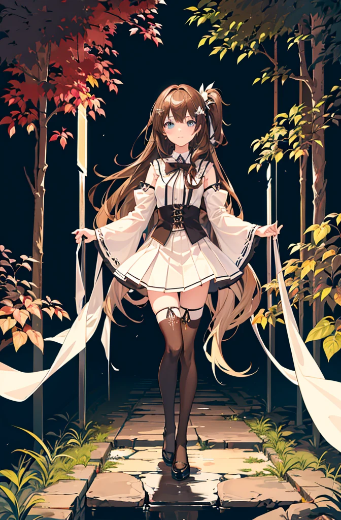 1girl,  solo, outdoors, long hair, holy place, Original,(Illustration:1.1),(Best Quality),(masutepiece:1.1),(the Extremely Detailed CG Unity 8K Wallpapers:1.1), (Colorful:0.9),(mid-shot:0.95),(extremely detailed beautiful face),(Solo:1.2), (girl),(((Lori))), (Detailed beautiful eyes:1.15), (Beautiful face:1.15), (Glowing blue eyes:1.25////),(((Brown Long Hair))),(two side up),(+perfect hand+:1.21),(Draw illustration of Japan priestess costume),(slender),(White pleated skirt),(Gothic),((black thighhighs)),(frilld),(Beautiful Slender Lolita Girl),hallowween,standing, girl,10 years old,  girl,underground waterway,((dark place)),((dark place)),((dark place)),((dark place)),((Dark underground canals where light does not reach)),