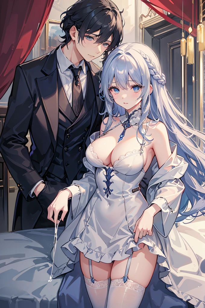 NSFW、A man and a woman in bed、A man inserting his penis into a woman、Semen is spilling from her crotch、lingerie dress、garter belt、I can see your chest、Silver hair and blue eyes、Long, fluffy wavy hair、Braiding、Men in suits、On a canopy bed