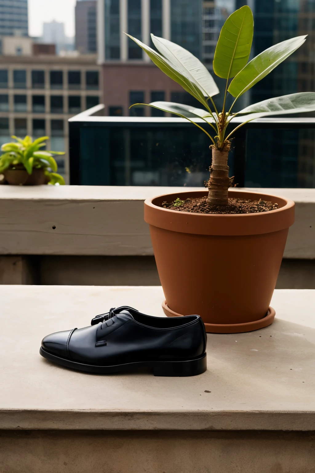 shoe that has a plant inside, realist, that the pot is on a table and with the background of a city, realist