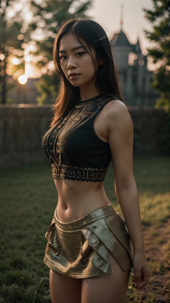 (masterpiece), (extremely intricate:1.3), (realistic), portrait of asian girl A 25-year-old , the most beautiful in the world, wearing croptop clooth, full body, outdoors, intense sunlight, far away castle, professional photograph of a stunning woman detailed, sharp focus, dramatic, award winning, cinematic lighting, octane render unreal engine, volumetrics dtx, (film grain, blurry background, blurry foreground, bokeh, depth of field, sunset, motion blur:1.3), chainmail