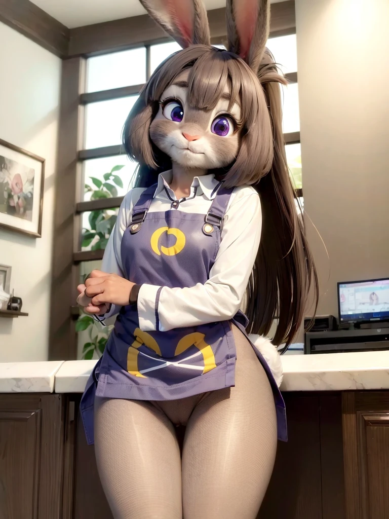 Highest quality, masterpiece, Ultra-realistic, Super detailed, Beautiful details, 4K, 8K, Photo realistic, Realistic lighting.

upper body shot,
Looking at Viewer, Looking at Camera,
((at konbini)), store clerk, at midnight, 

((Anthropomorphic rabbit)),
((woman body)),
((7 heads tall)),
((Rabbit woman)),
Detailed animals,
Complex patterns,
(Furry:1.35),
(All skin is grey:1.3),
(The body is fluffy and bushy:1.3),
Realistic fur,

Human hands,
BREAK

(((Judy Hopps face))), 
((Aoki Reika facial expression)), 
((ponytail)), 
((see-through bangs)), bangs, 
((dark brown hair color)), 
Purple eyes, 
{Eye highlights, Clear eyes, Eyes sparkling, round pupils}, 
Detailed Iris, 
(Eyebrows raised:1.2), 
(Crescent eyebrows:1.3), 
(Rabbit ears:1.3), 
raised corners of mouth.

BREAK

The lady is wearing apron over a shirt.
((brown apron)) BREAK ((white shirt)).

BREAK

(solo:1.5), (1girl:1.5).

Perfect Anatomy. 

Lighting front, Lighting forward, Intricate details, Ray Tracing, Realistic, 