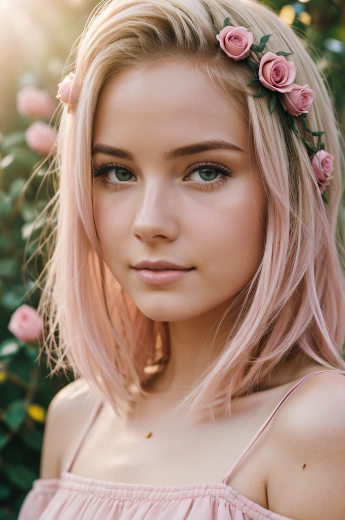 8k, RAW photo, Fujifilm, style photo of a beautiful young woman as avril in a garden of light pink roses (highly detailed skin: 1.2) Style-Petal BREAK short hair, blonde hair with colored locks, wearing a dress, film granulation, 35mm, cute style