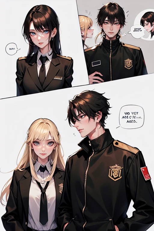 (tall man,(man is taller than me woman) messy black-haired man wearing a uniform , is a student, with his hands in his pockets.),(a thin woman, long blonde hair, woman has green eyes, cheerleader) best quality, adorable, ultra-detailed, illustration, complex, detailed, extremely detailed, detailed face, soft light, soft focus, perfect face. In love, illustration. two people, couple: make the couple into a comic strip. They are talking about a mechanics. 