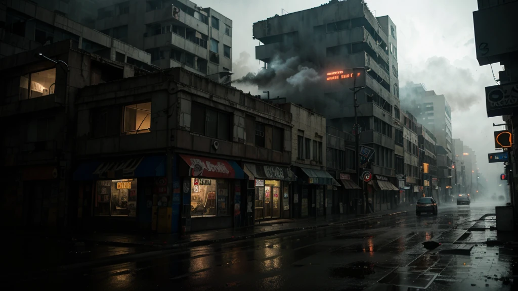 (best qualityer, high resolution),ultra detali, cinematic lighting, Dark and moody, , surreal, swirly vibrant colors, smoke and fog, raining, neon lights, reflections, Ruined buildings, abandoned streets, vidro quebrado, graffit, mysterious shadows, melancholic expression, glare eyes, futuristic city scape, Post-apocalyptic, strange environment