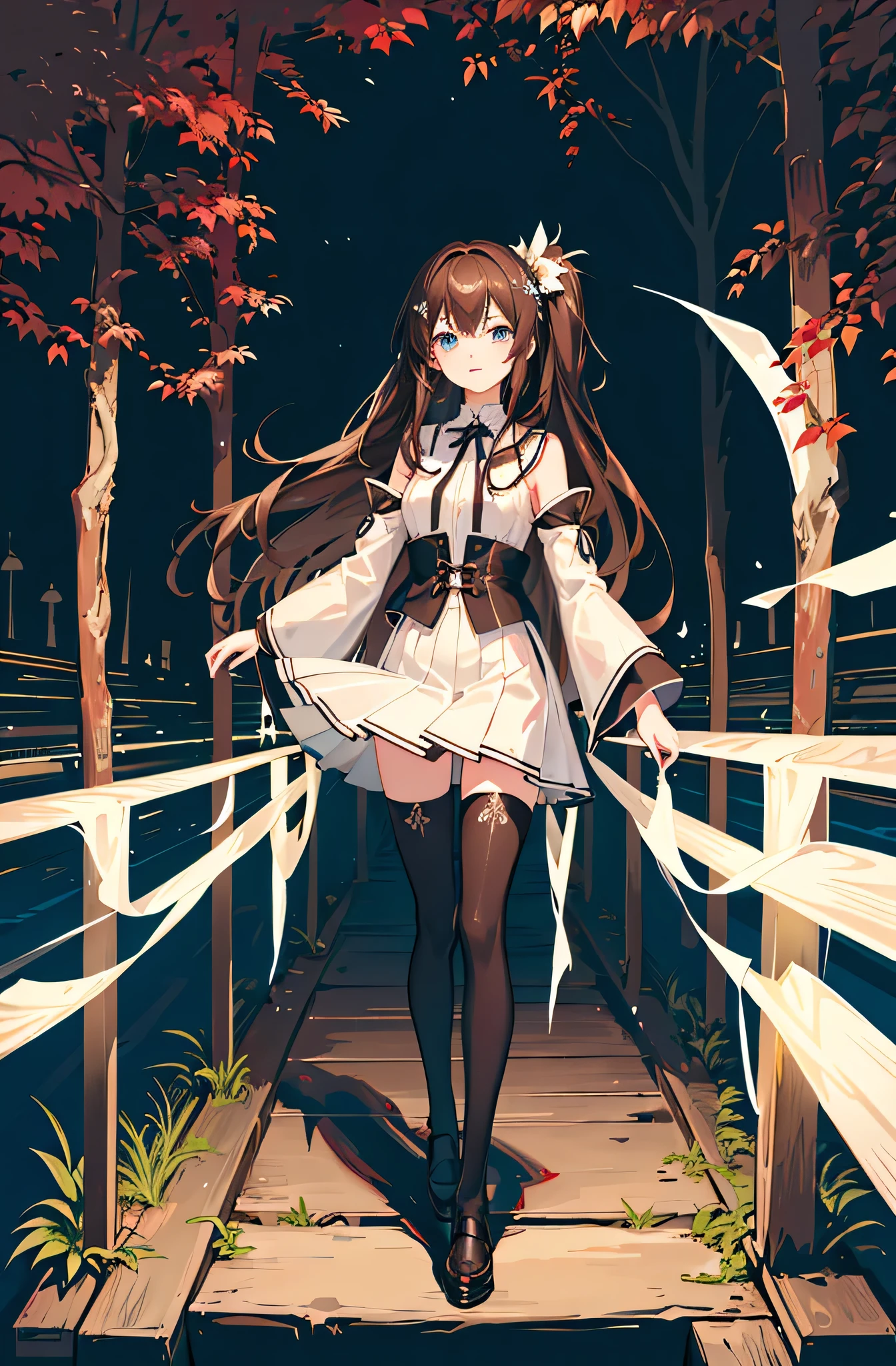 1girl,  solo, outdoors, long hair, holy place, Original,(Illustration:1.1),(Best Quality),(masutepiece:1.1),(the Extremely Detailed CG Unity 8K Wallpapers:1.1), (Colorful:0.9),(mid-shot:0.95),(extremely detailed beautiful face),(Solo:1.2), (girl),(((Lori))), (Detailed beautiful eyes:1.15), (Beautiful face:1.15), (Glowing blue eyes:1.25////),(((Brown Long Hair))),(two side up),(+perfect hand+:1.21),(Draw illustration of Japan priestess costume),(slender),(White pleated skirt),(Gothic),((black thighhighs)),(frilld),(Beautiful Slender Lolita Girl),hallowween,standing, girl,10 years old,  girl,underground waterway,((dark place)),((dark place)),((dark place)),((dark place)),((Dark underground canals where light does not reach)),