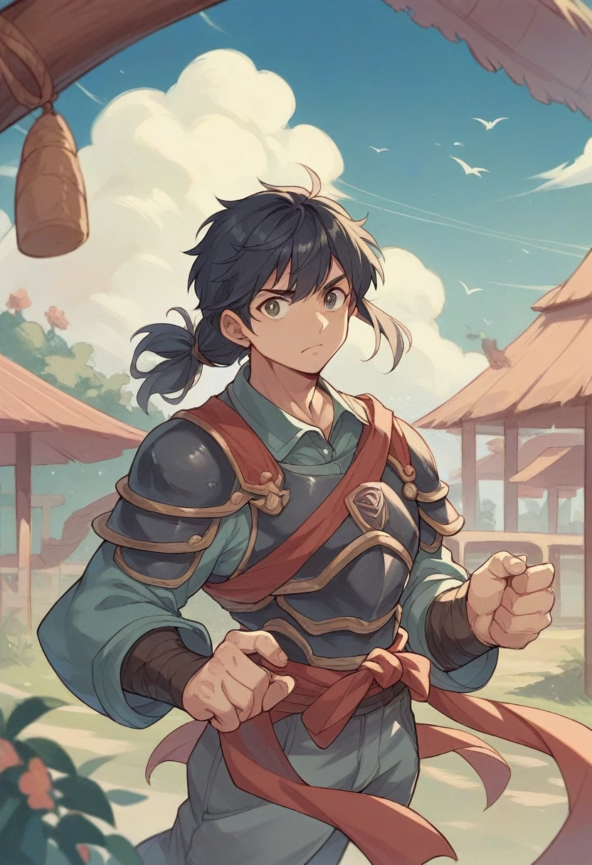 Background Removal、Change pose、Walking、whole body、The clothes remain armored.、Swinging a small tree branch、Shoes are straw sandals、The trousers are cuffed、
