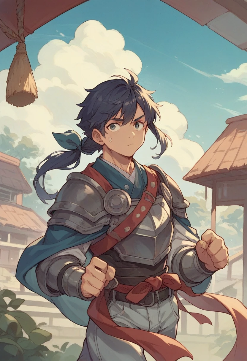 Background Removal、Change pose、Walking、whole body、The clothes remain armored.、Swinging a small tree branch、Shoes are straw sandals、The trousers are cuffed、