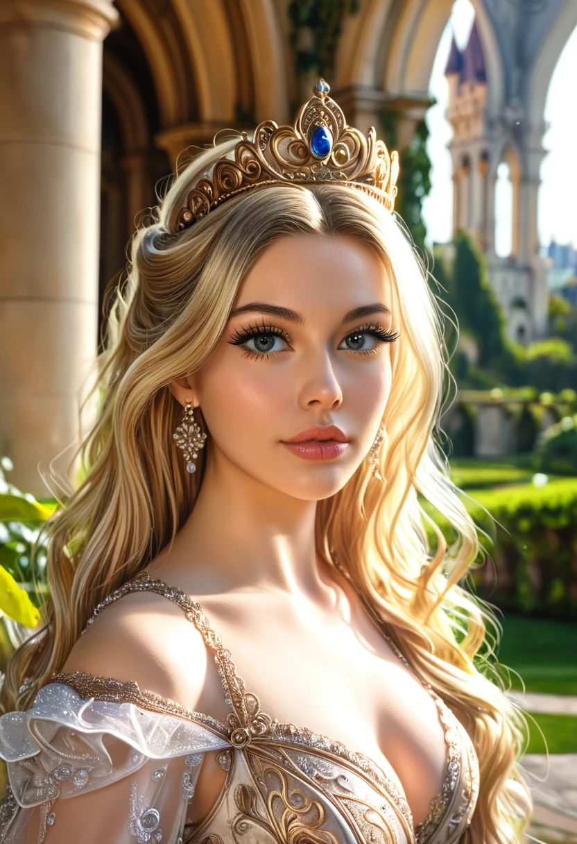 cinderella,1girl,beautiful detailed eyes,beautiful detailed lips,extremely detailed face,long eyelashes,flowing blonde hair,ornate crown,elegant royal dress,intricate embroidery,castle courtyard,lush garden,sunlight streaming in,dramatic lighting,photorealistic,8k,highres,detailed,fantasy