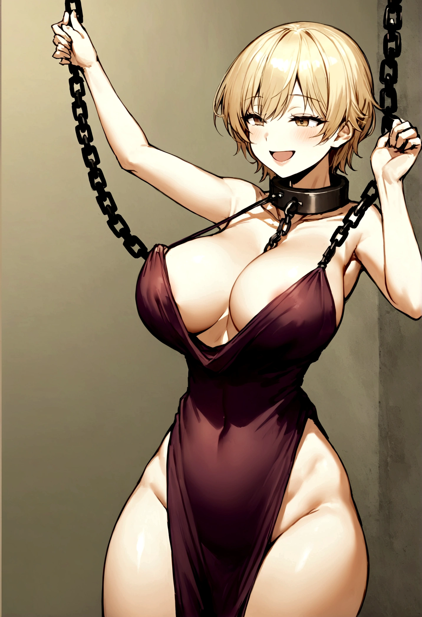 woman,slave, iron collar on neck, happy smile,expecting eyes, no thougts, volumpious body, ragged clothes, short blonde hair, mouth open, slender body, large breast, chains shackles, slave clothes,  commoner clothes
