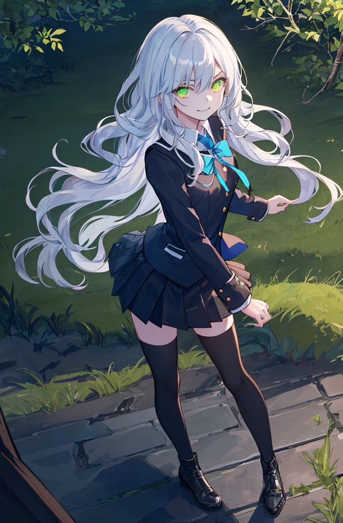 hill background,original,(illustration:1.1),(best quality),(masterpiece:1.1),(extremely detailed CG unity 8k wallpaper:1.1), (colorful:0.9),(mid shot:0.95),(highly detailed beautiful face and body),(solo:1.2), (girl),(((adult))), (detailed beautiful eyes:1.15), (beautiful face:1.15), (glowing green eyes:1.25////),((jewel-like eyes)),(petite),(cute girl),(((blue long hair))),((blue long hair)),(wavy hair),((wavy hair)),(+perfect hand+:1.21),(gothic school uniform),(Religious),(slender),(black clothes),(gothic ribbon),ribbon tie,small breasts,miniskirt,gothic boots,black thighhighs,slim body,(evil smile),detailed background,eluding,erotic thighs,((stand ready for enemy attack)),((on the hill)),((angle from above)),(angry),slightly elevated location,There is a little grass and trees around,You can see the village in the distance,from side,