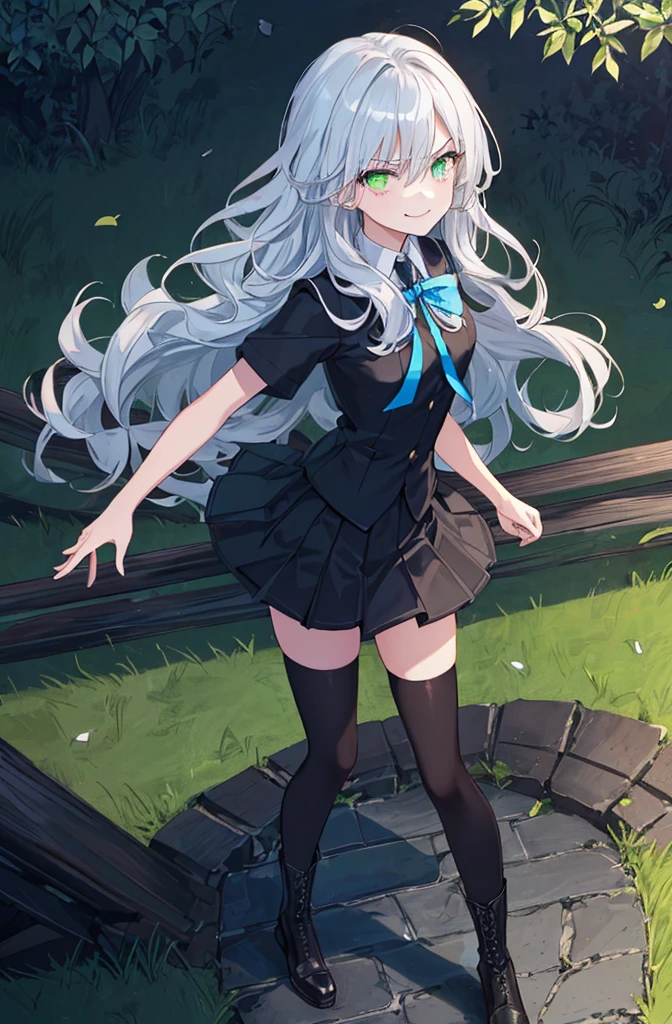 hill background,original,(illustration:1.1),(best quality),(masterpiece:1.1),(extremely detailed CG unity 8k wallpaper:1.1), (colorful:0.9),(mid shot:0.95),(highly detailed beautiful face and body),(solo:1.2), (girl),(((adult))), (detailed beautiful eyes:1.15), (beautiful face:1.15), (glowing green eyes:1.25////),((jewel-like eyes)),(petite),(cute girl),(((blue long hair))),((blue long hair)),(wavy hair),((wavy hair)),(+perfect hand+:1.21),(gothic school uniform),(Religious),(slender),(black clothes),(gothic ribbon),ribbon tie,small breasts,miniskirt,gothic boots,black thighhighs,slim body,(evil smile),detailed background,eluding,erotic thighs,((stand ready for enemy attack)),((on the hill)),((angle from above)),(angry),slightly elevated location,There is a little grass and trees around,You can see the village in the distance,from side,