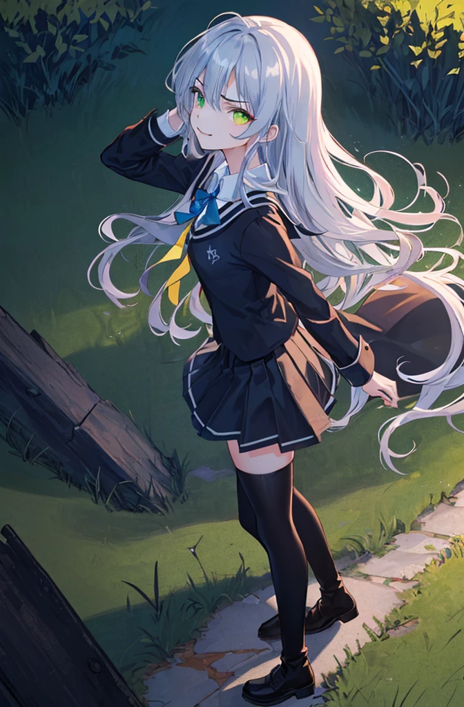 hill background,original,(illustration:1.1),(best quality),(masterpiece:1.1),(extremely detailed CG unity 8k wallpaper:1.1), (colorful:0.9),(mid shot:0.95),(highly detailed beautiful face and body),(solo:1.2), (girl),(((adult))), (detailed beautiful eyes:1.15), (beautiful face:1.15), (glowing green eyes:1.25////),((jewel-like eyes)),(petite),(cute girl),(((blue long hair))),((blue long hair)),(wavy hair),((wavy hair)),(+perfect hand+:1.21),(gothic school uniform),(Religious),(slender),(black clothes),(gothic ribbon),ribbon tie,small breasts,miniskirt,gothic boots,black thighhighs,slim body,(evil smile),detailed background,eluding,erotic thighs,((stand ready for enemy attack)),((on the hill)),((angle from above)),(angry),slightly elevated location,There is a little grass and trees around,You can see the village in the distance,from side,
