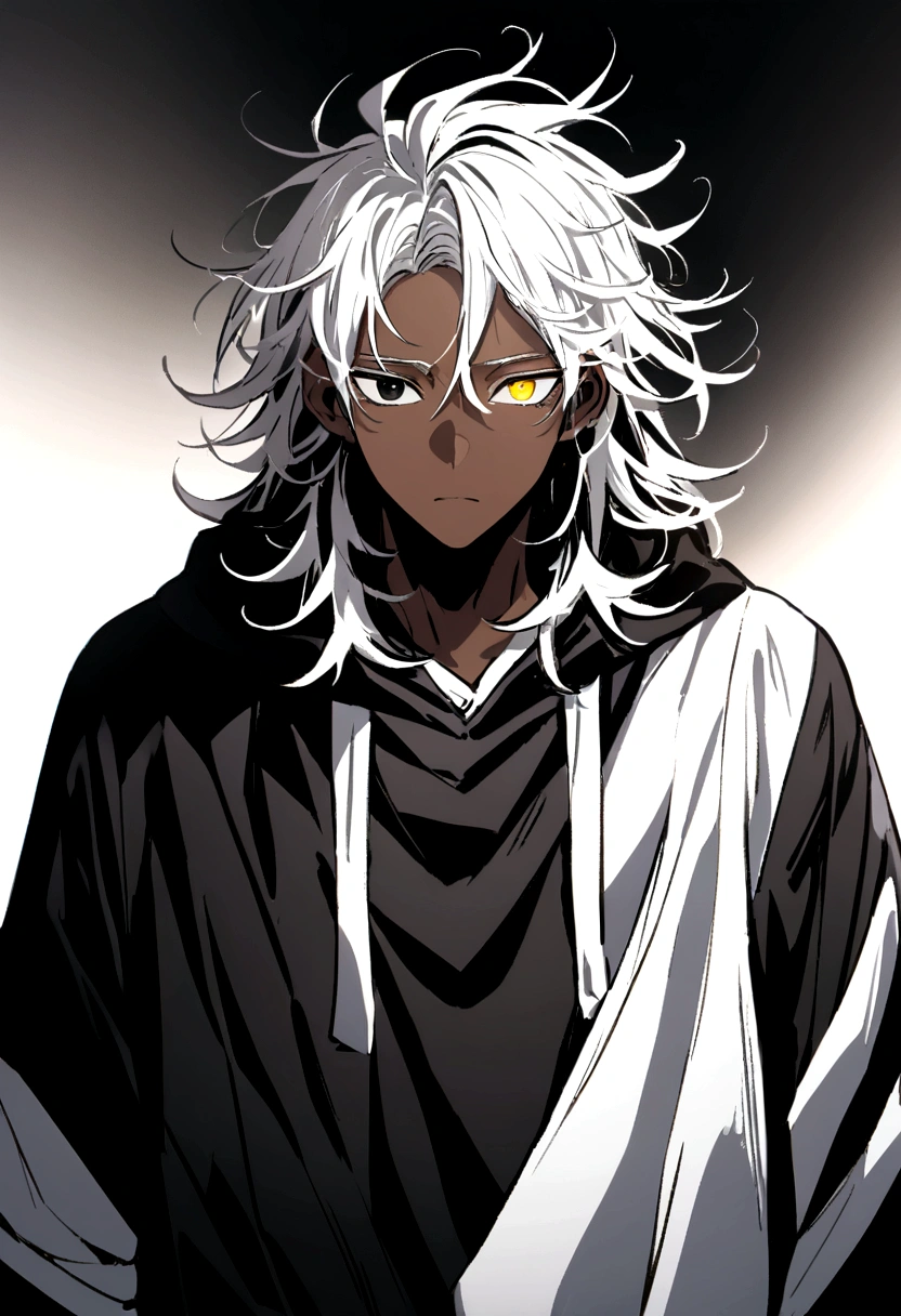 white shirt, wearing a black hoodie ,yellow and black eyes heterochromia, idiotic expression, Messy hair , Medium length hair , 1 men , black and white hair more black than white , two tone hair , dark skin color has, with a white wolf lots of details