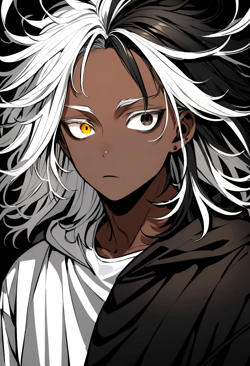 white shirt, wearing a black hoodie ,yellow and black eyes heterochromia, idiotic expression, Messy hair , Medium length hair , 1 men , black and white hair more black than white , two tone hair , dark skin color has, with a white wolf lots of details