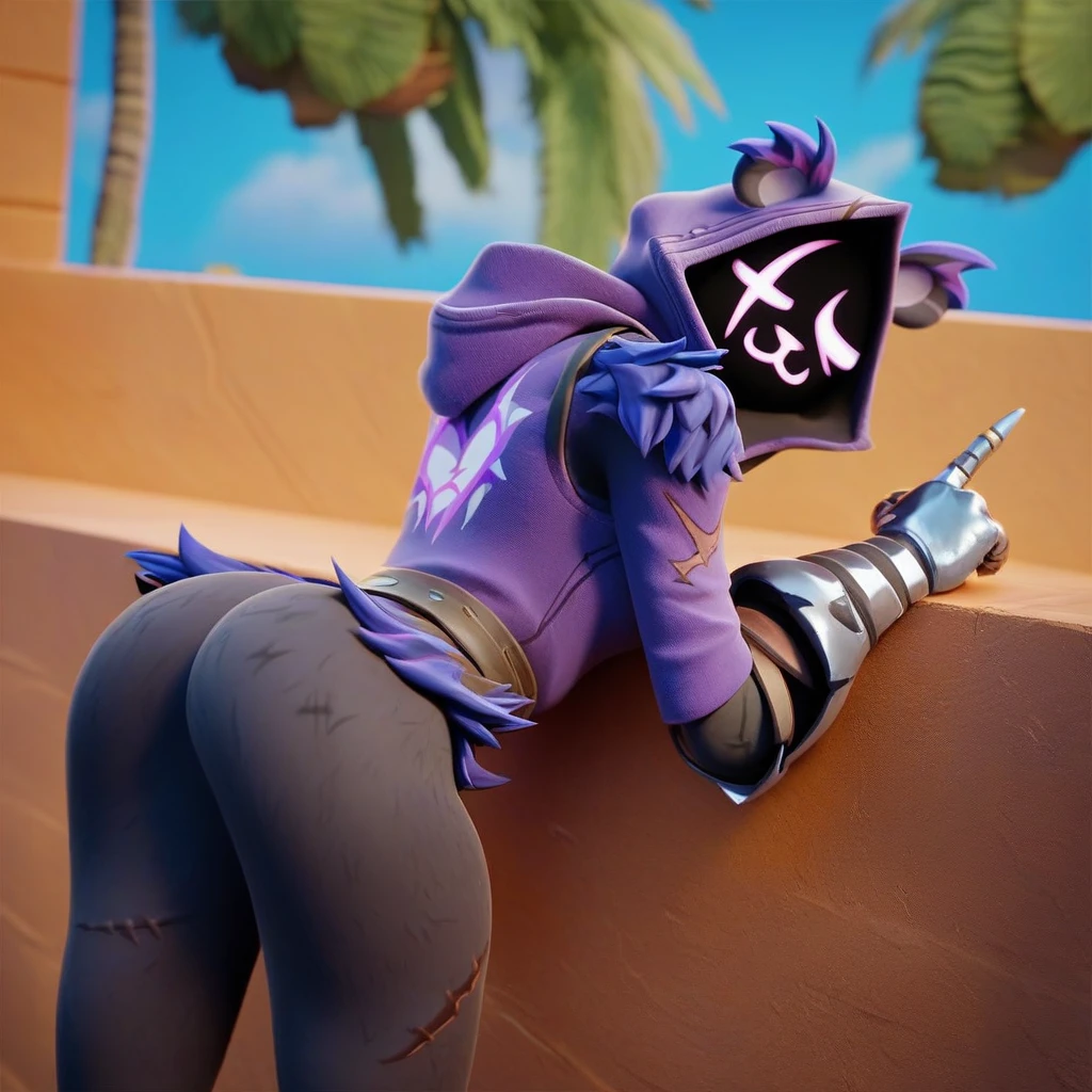 Raven team leader,purple hoodie, with no face, shadowed face, animal ears,purple skin, scar on eye, body skin, purple fur, waist belt, torso symbol, metal gloves, pointing your ass at the viewer, leaning forward, pushing, she closes her eyes, hands resting on top of a small wall, arms on top of a wall with her eyes closed, expression of force. scenery and a sunny day