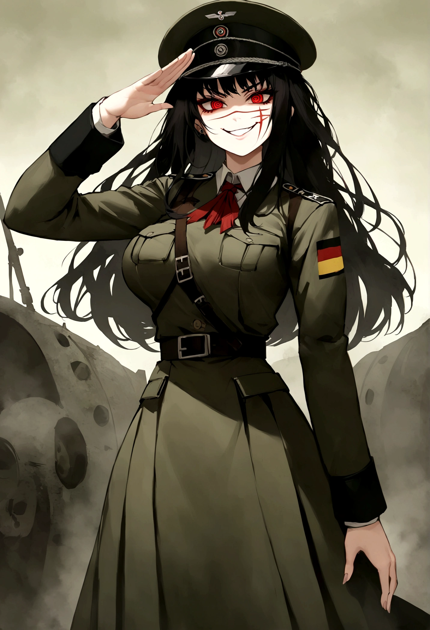 Girl, Yoru, WWII German military uniform, evil smile, piercing red eyes, ringed eyes, open jacket ,large breast, military hat, military salute, fullbody shot