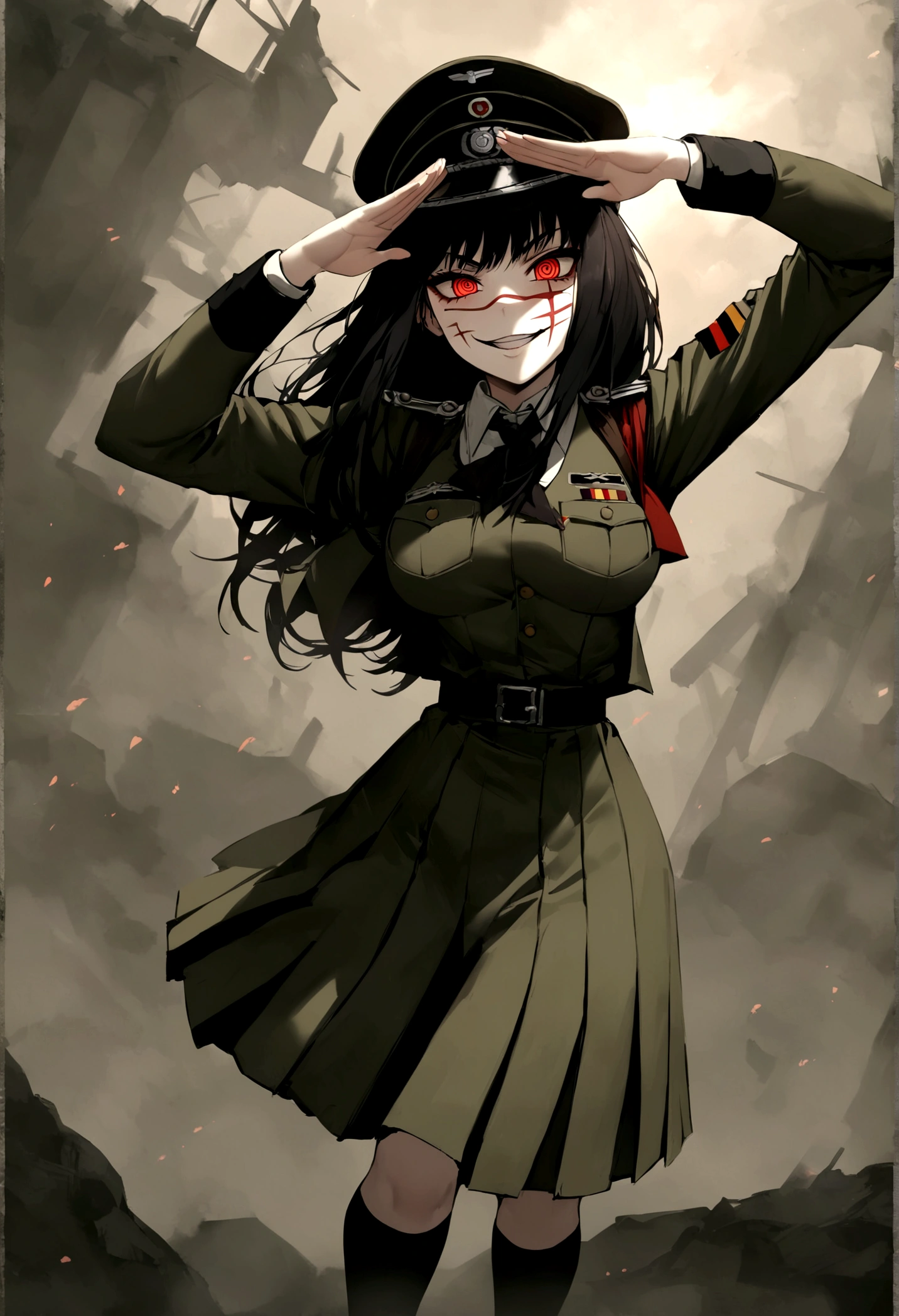 Girl, Yoru, WWII German military uniform, evil smile, piercing red eyes, ringed eyes, open jacket ,large breast, military hat, military salute, fullbody shot