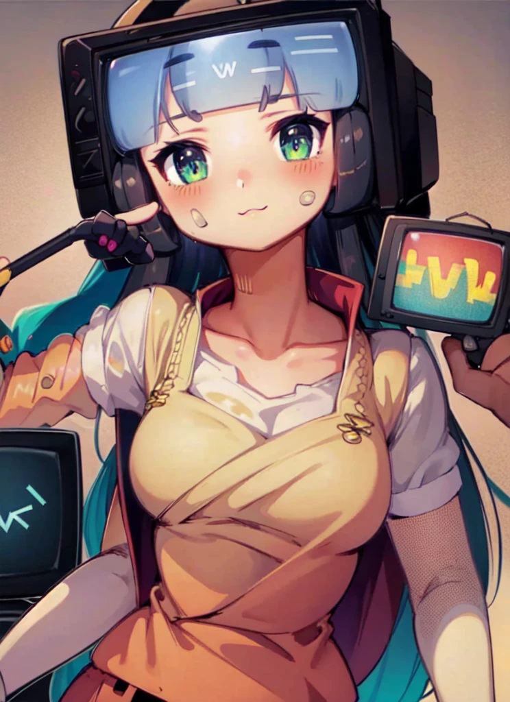 ((best quality)), ((highly detailed)), detailed face, beautiful face, , (1girl), dynamic pose, upper body, monitor head, (tv static), small breasts, (inside, in a hospital), retrowaveanime style