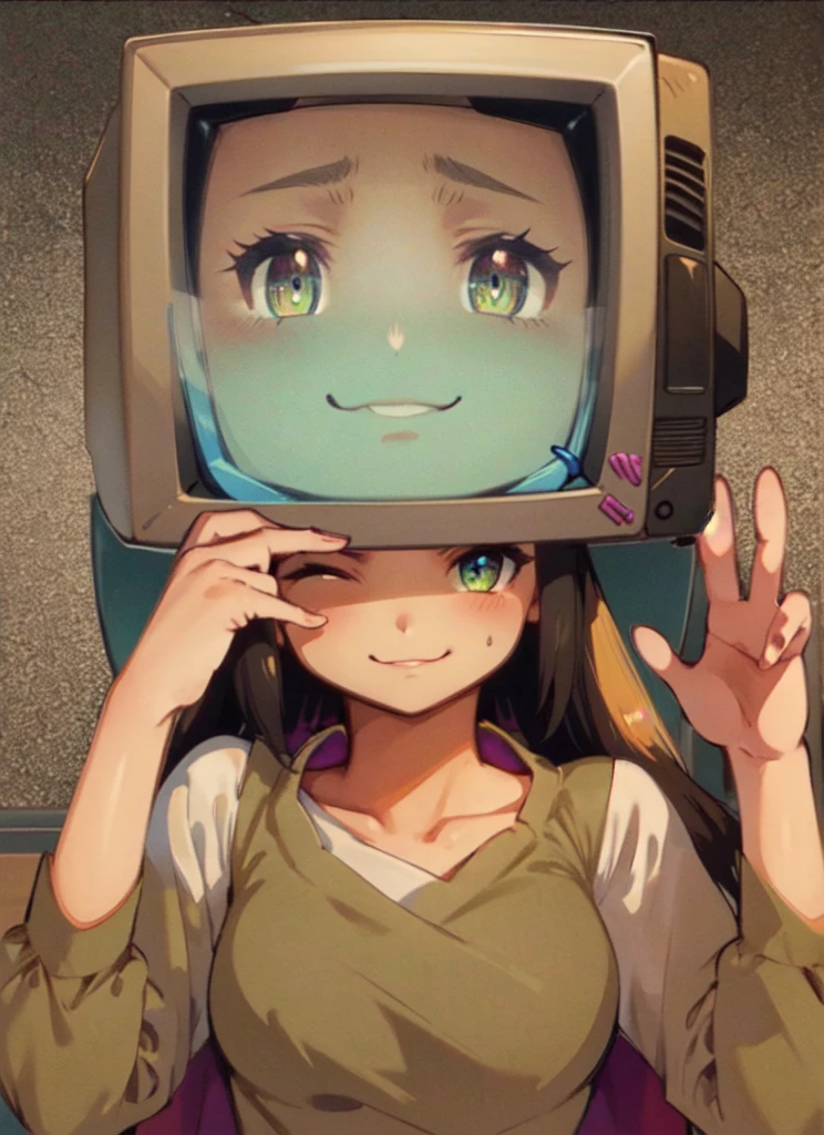 ((best quality)), ((highly detailed)), detailed face, beautiful face, , (1girl), dynamic pose, upper body, monitor head, (tv static), small breasts, (inside, in a hospital), retrowaveanime style