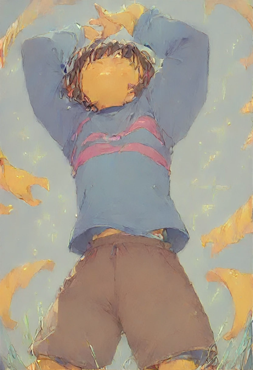 undertale frisk,small breasts,brown hair,(aged up), (brown shorts:1.3), bob cut, short hair, (blue shirt:1.3), (closed eyes:1.2), (1girl:1.3), (solo:1.3), blue shirt,purple shirt, striped shirt,long sleeves,arms raised,yellow skin,dancing,facing viewer,full body,boots,on mountain,grass,happy,:p,