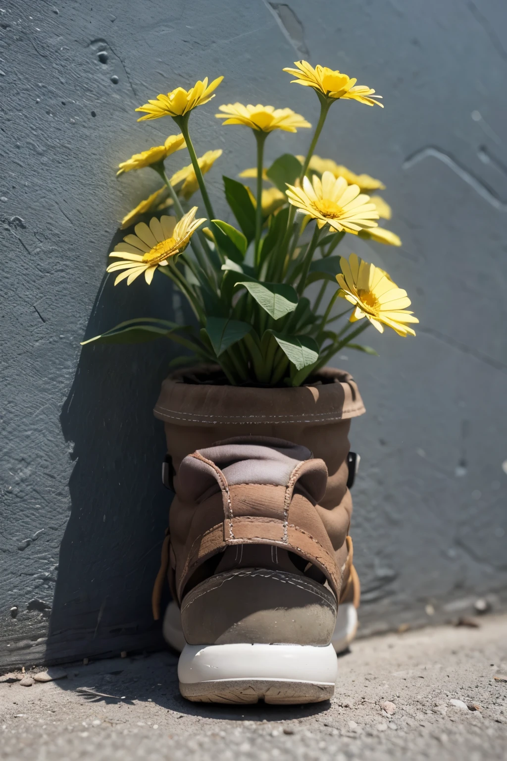 Make a prototype of a flower pot made from an old shoe or tennis shoe., like in wall-e, realist