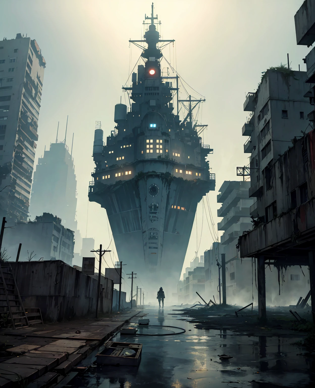 Create a post-apocalyptic scenario where water flooded the earth, with few trees and many structures and buildings. Add high-resolution details such as abandoned buildings, cracks in the structure, faulty electrical installations, and poor lighting. The scene should have a mysterious and dark tone, with elements of water and ruins, high resolution, hyper detailed, add vessels used as cities, ship cities, 8k, lots of quality