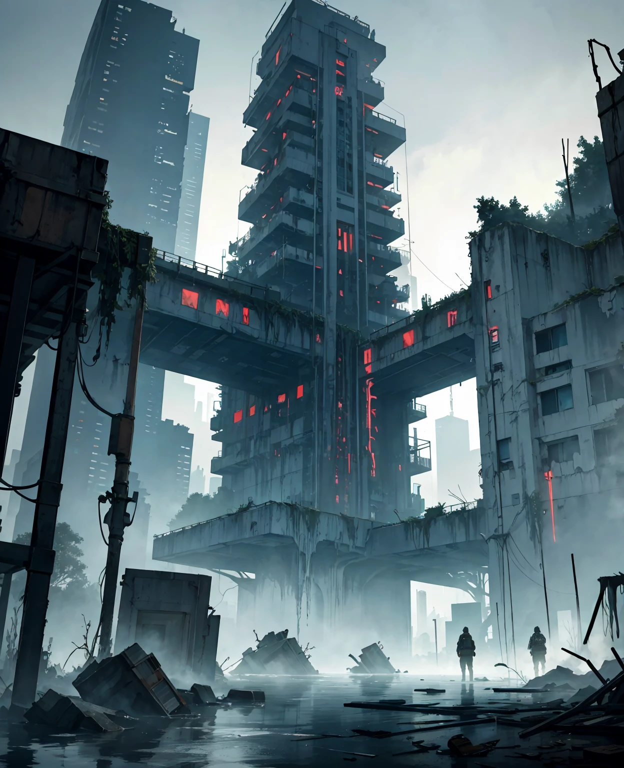 Create a post-apocalyptic scenario where water flooded the earth, with few trees and many structures and buildings. Add high-resolution details such as abandoned buildings, cracks in the structure, faulty electrical installations, and poor lighting. The scene should have a mysterious and dark tone, with elements of water and ruins, high resolution, hyper detailed, add vessels used as cities, ship cities, 8k, lots of quality