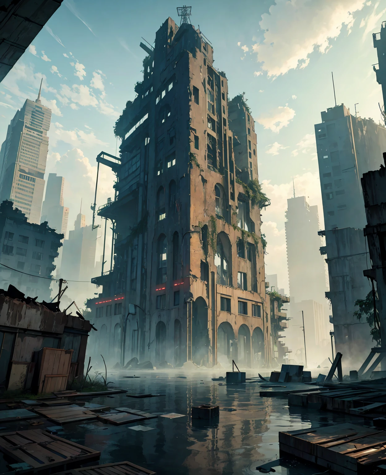 Create a post-apocalyptic scenario where water flooded the earth, with few trees and many structures and buildings. Add high-resolution details such as abandoned buildings, cracks in the structure, faulty electrical installations, and poor lighting. The scene should have a mysterious and dark tone, with elements of water and ruins, high resolution, hyper detailed, add vessels used as cities, ship cities, 8k, lots of quality