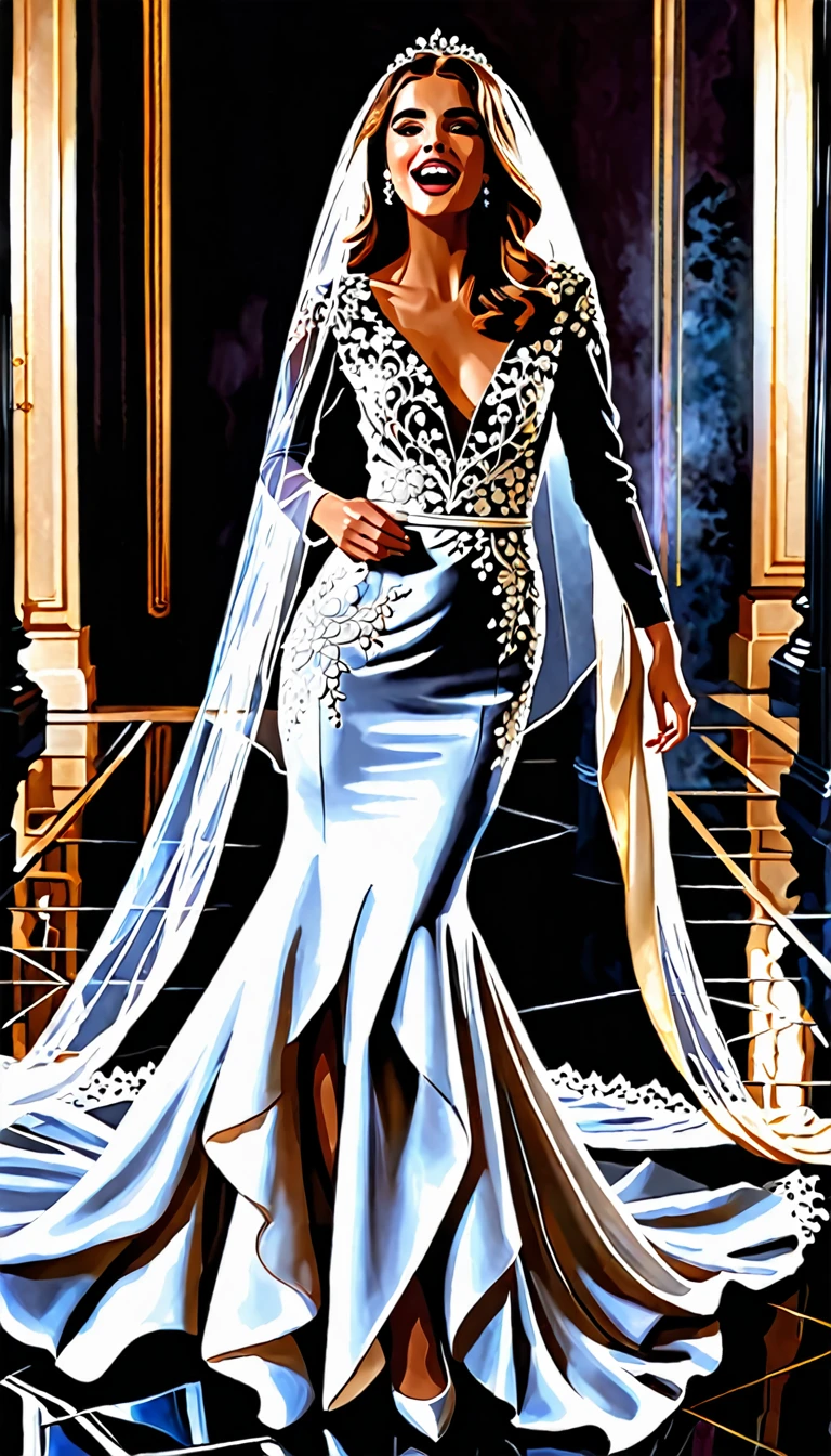 **General Design:**
- The dress has a classic and timeless cut, with a fitted silhouette at the top that gently flares downwards, creating a slim and elegant figure.
**Material and Texture:**
- It is made of high quality French lace, known for its delicacy and detail, hand embroidered with silk threads and crystal decorations.
**Neckline and Sleeves:**
- The dress has an illusion neckline, with finely edged edges with lace that extends delicately over the shoulders. The sleeves are long and transparent, also decorated with lace embroidery and crystal applications that add a subtle shine.
**Waist and Skirt:**
- The waist is marked that highlights the figure. The skirt begins to flare out just below the waist, forming layers of soft, light tulle that fall in loose, fluid folds.
**Additional details:**
- The dress has a low V-shaped back, decorated with crystal details that continue towards the tail. The line is long and dramatic, ornate that extends in a cascade of details onto the floor.
**accessories:**
- Complementing the dress, a soft and transparent tulle veil, with finely edged edges and small crystal applications. The veil falls in crystal-embellished waterfalls LET THE DRESS BE SEEN AND SCREAM "caro, majesty, PURE ELEGANCE"