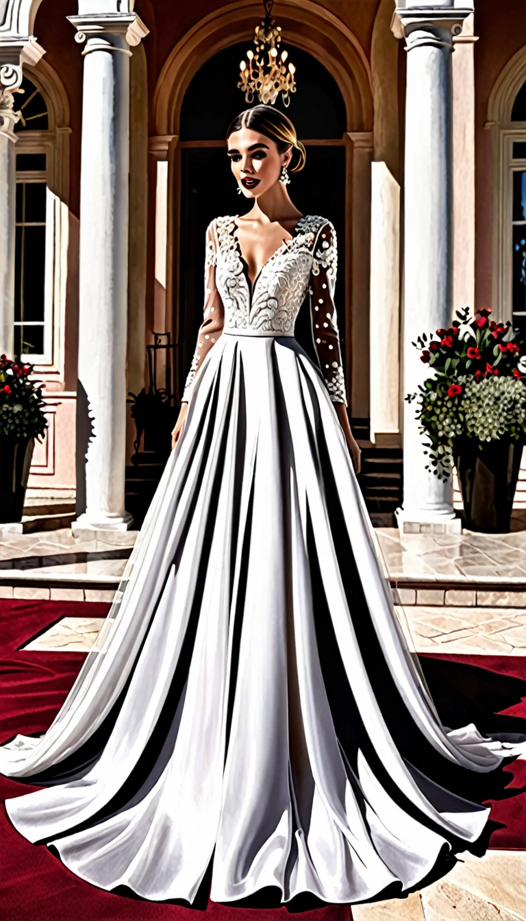 

**General Design:**
- The dress has a classic and timeless cut, with a fitted silhouette at the top that gently flares downwards, creating a slim and elegant figure.

**Material and Texture:**
- It is made of high quality French lace, known for its delicacy and detail, hand embroidered with silk threads and crystal decorations.

**Neckline and Sleeves:**
- The dress has an illusion neckline, with finely edged edges with lace that extends delicately over the shoulders. The sleeves are long and transparent, also decorated with lace embroidery and crystal applications that add a subtle shine.

**Waist and Skirt:**
- The waist is marked that highlights the figure. The skirt begins to flare out just below the waist, forming layers of soft, light tulle that fall in loose, fluid folds.

**Additional details:**
- The dress has a low V-shaped back, decorated with crystal details that continue towards the tail. The line is long and dramatic, ornate that extends in a cascade of details onto the floor.

**accessories:**
- Complementing the dress, a soft and transparent tulle veil, with finely edged edges and small crystal applications. The veil falls in crystal-embellished waterfalls LET THE DRESS BE SEEN AND SCREAM "caro, majesty, PURE ELEGANCE"