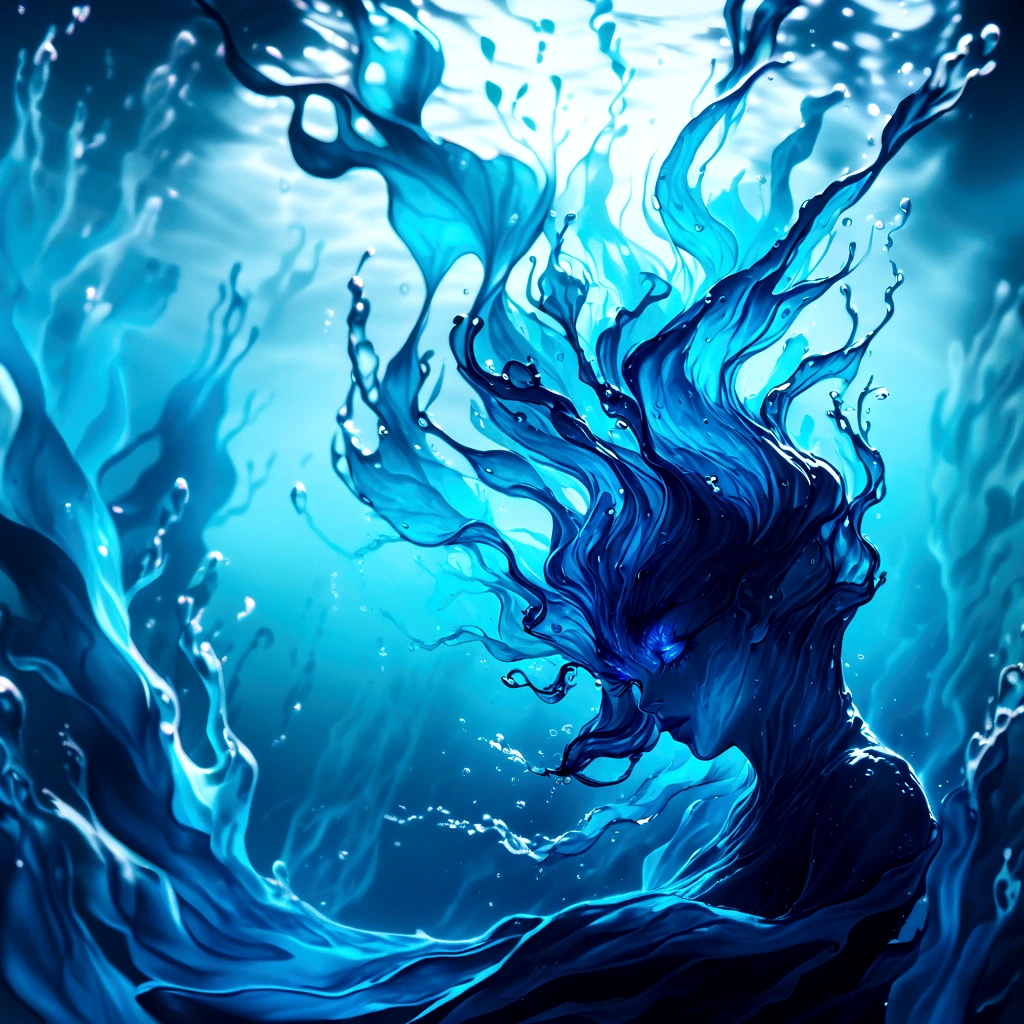 a genasi made of water, woman with water-like skin and flowing blue hair, beautiful detailed eyes, beautiful detailed lips, extremely detailed face, long eyelashes, graceful pose, underwater scene, glowing bioluminescent plants, ethereal lighting, cinematic, dramatic, vibrant colors, fantasy, digital painting, 8k, hyper detailed, masterpiece