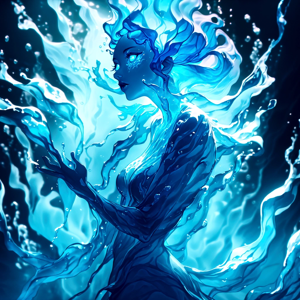 a genasi made of water, woman with water-like skin and flowing blue hair, beautiful detailed eyes, beautiful detailed lips, extremely detailed face, long eyelashes, graceful pose, underwater scene, glowing bioluminescent plants, ethereal lighting, cinematic, dramatic, vibrant colors, fantasy, digital painting, 8k, hyper detailed, masterpiece