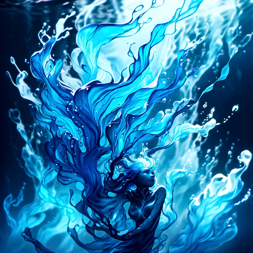 a genasi made of water, woman with water-like skin and flowing blue hair, beautiful detailed eyes, beautiful detailed lips, extremely detailed face, long eyelashes, graceful pose, underwater scene, glowing bioluminescent plants, ethereal lighting, cinematic, dramatic, vibrant colors, fantasy, digital painting, 8k, hyper detailed, masterpiece