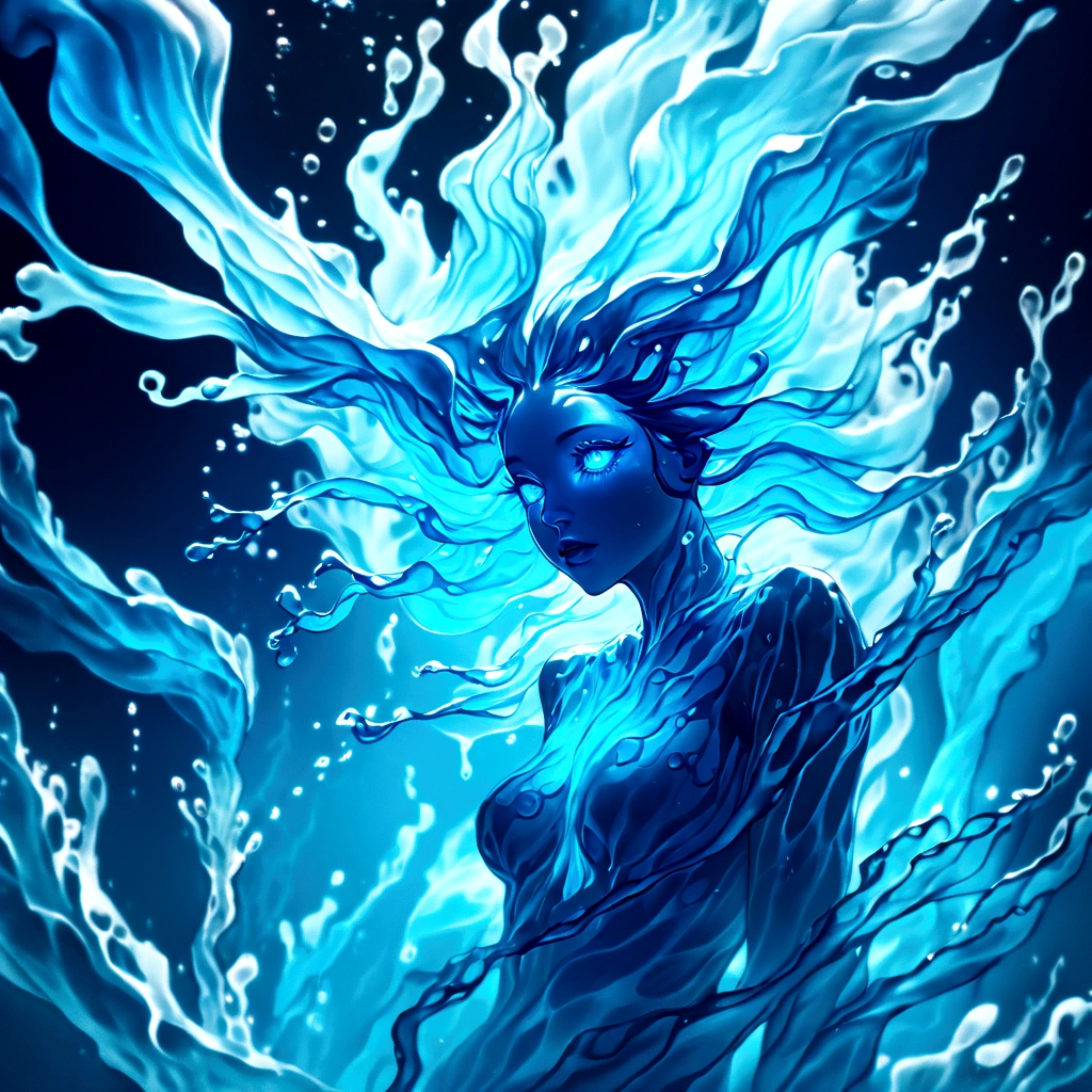 a genasi made of water, woman with water-like skin and flowing blue hair, beautiful detailed eyes, beautiful detailed lips, extremely detailed face, long eyelashes, graceful pose, underwater scene, glowing bioluminescent plants, ethereal lighting, cinematic, dramatic, vibrant colors, fantasy, digital painting, 8k, hyper detailed, masterpiece