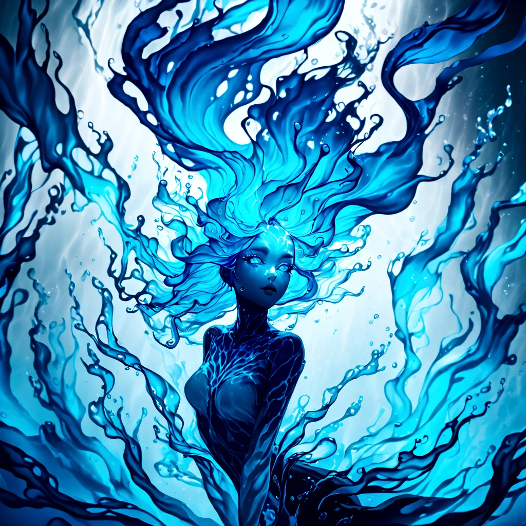 a genasi made of water, woman with water-like skin and flowing blue hair, beautiful detailed eyes, beautiful detailed lips, extremely detailed face, long eyelashes, graceful pose, underwater scene, glowing bioluminescent plants, ethereal lighting, cinematic, dramatic, vibrant colors, fantasy, digital painting, 8k, hyper detailed, masterpiece