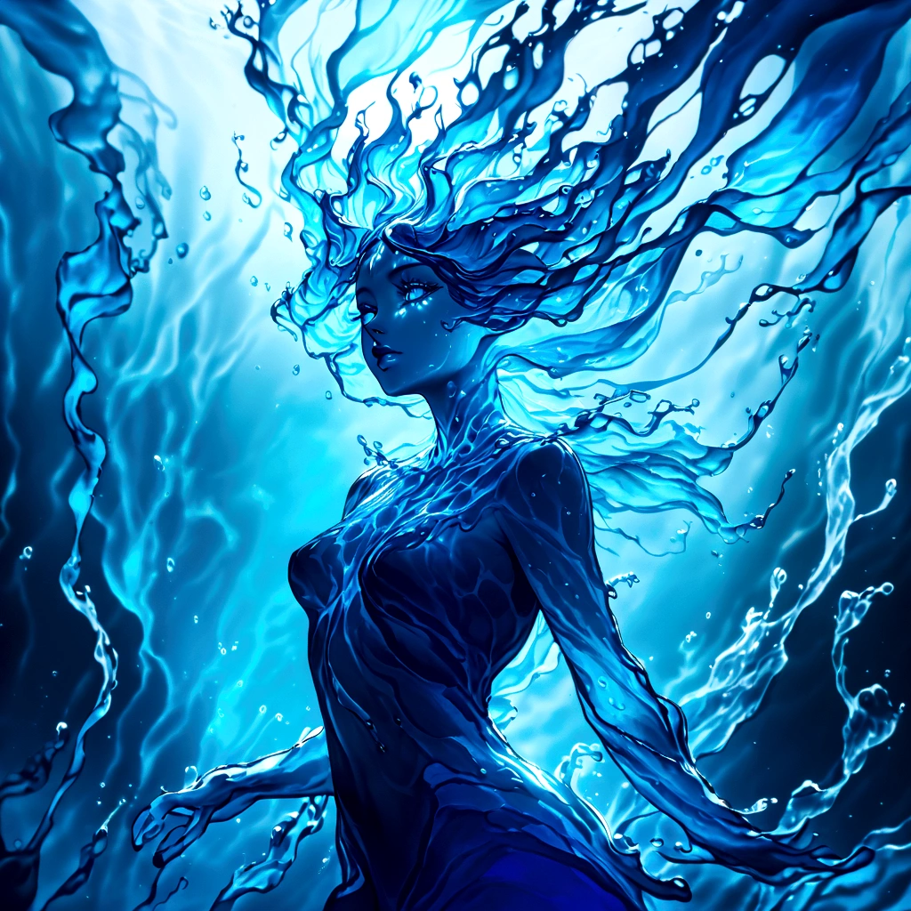 a genasi made of water, woman with water-like skin and flowing blue hair, beautiful detailed eyes, beautiful detailed lips, extremely detailed face, long eyelashes, graceful pose, underwater scene, glowing bioluminescent plants, ethereal lighting, cinematic, dramatic, vibrant colors, fantasy, digital painting, 8k, hyper detailed, masterpiece