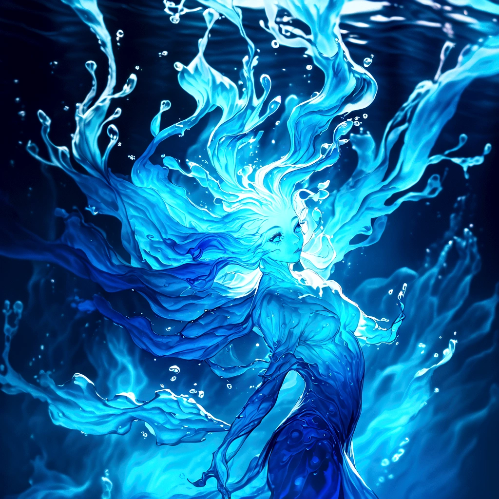 a genasi made of water, woman with water-like skin and flowing blue hair, beautiful detailed eyes, beautiful detailed lips, extremely detailed face, long eyelashes, graceful pose, underwater scene, glowing bioluminescent plants, ethereal lighting, cinematic, dramatic, vibrant colors, fantasy, digital painting, 8k, hyper detailed, masterpiece