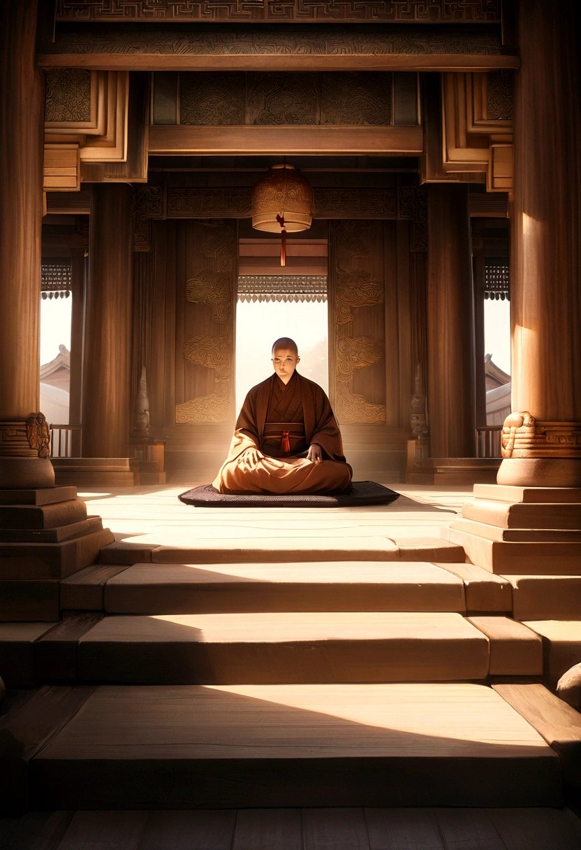 a tranquil scene of monks meditating in a temple,intricate temple architecture,ornate details,serene atmosphere,warm lighting,sandalwood fragrance,ultra-detailed,masterpiece,photorealistic,vibrant colors,cinematic lighting,dramatic shadows,beautiful composition,symmetrical design,ornate decorations,zen buddhist temple,ancient asian architecture,spiritual meditation,calming ambiance,focus on details,realistic textures,high quality photograph