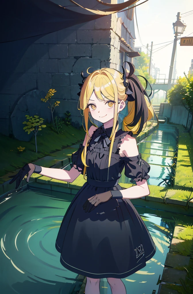 1 Girl, Solo, ((underground waterway backgrouund)), Dress, Doll Girl,(8K, Best quality at best, tmasterpiece:1.2),\(Eyes detailed\),\(facial feature\),(\(clothes details details body lesbian,(surface focus) ,Very detailed CG unified 8k wallpaper,hugefilesize,ultra - detailed,A high resolution,hyper-detailing,(1 girl:1.3),(Alone),12year old,(:1.4),Haruka Kiritani,(/yellow hair/),medium hair details,(Sister head:1.32),shinning red eyes,(There is no feeling:1.25),gothic clothing,Straight dress,Long black lace gloves.dark gray, high twintails,furious,evil smile,((yellow hair)),Shoulder length hair,(((detailed background))),doll girl,doll girl,underground waterway,((dark place)),((dark place)),((dark place)),((dark place)),((Dark underground canals where light does not reach)),