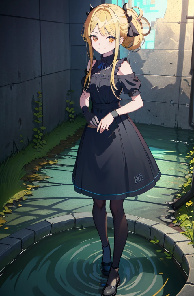 1 Girl, Solo, ((underground waterway backgrouund)), Dress, Doll Girl,(8K, Best quality at best, tmasterpiece:1.2),\(Eyes detailed\),\(facial feature\),(\(clothes details details body lesbian,(surface focus) ,Very detailed CG unified 8k wallpaper,hugefilesize,ultra - detailed,A high resolution,hyper-detailing,(1 girl:1.3),(Alone),12year old,(:1.4),Haruka Kiritani,(/yellow hair/),medium hair details,(Sister head:1.32),shinning red eyes,(There is no feeling:1.25),gothic clothing,Straight dress,Long black lace gloves.dark gray, high twintails,furious,evil smile,((yellow hair)),Shoulder length hair,(((detailed background))),doll girl,doll girl,underground waterway,((dark place)),((dark place)),((dark place)),((dark place)),((Dark underground canals where light does not reach)),
