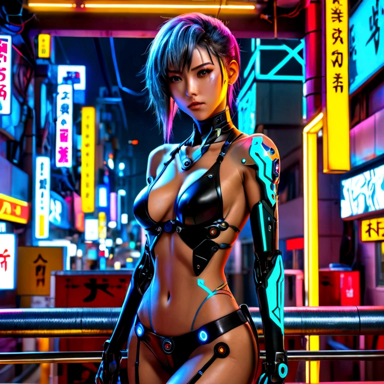 top-quality, masterpiece, ultra-high-resolution, ((photorrealistic: 1.4), Foto RAW, blackquality hair, shining skin, 1 mechanical girl, (Ultra-realistic details)), global ilumination, eyeshadows, octane rendering, 8K, Ultra sharp, Exposed cleavage, metals, Intricate ornamental details, Egyptian details, very intricate details, realistic light, CGSoation trend, in front of camera, Neon details, mechanical limbs, blood vessels connected to the tube, mechanical vertebrae attached to the back, mechanical cervical attachment to the neck, wires and cables connecting to head, evangelion, small bright LED bulbs, (Stunning cyberpunk cityscape in the background)A close-up of a woman in a bikini and pantyhose posing, anime cyberpunk art, cyberpunk anime art, anime character; full - body art, Cyberpunk anime, Digital Cyberpunk - Anime Art, digital cyberpunk anime art, cyberpunk oppai, cyberpunk themed art, cyberpunk artstyle, female cyberpunk anime, arte estilo cyberpunk, Cyberpunk horror style