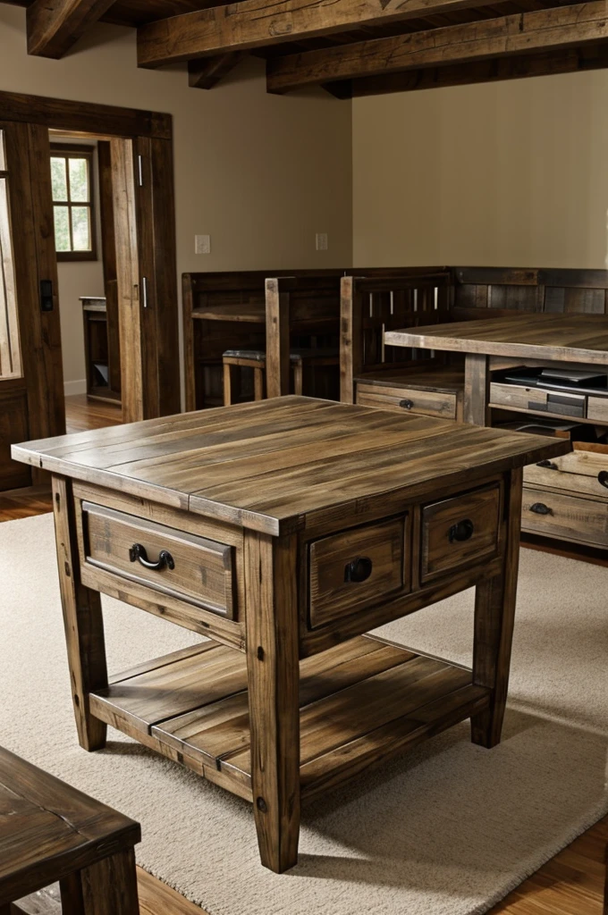 Center table with a rustic look, no drawers, no cupboards