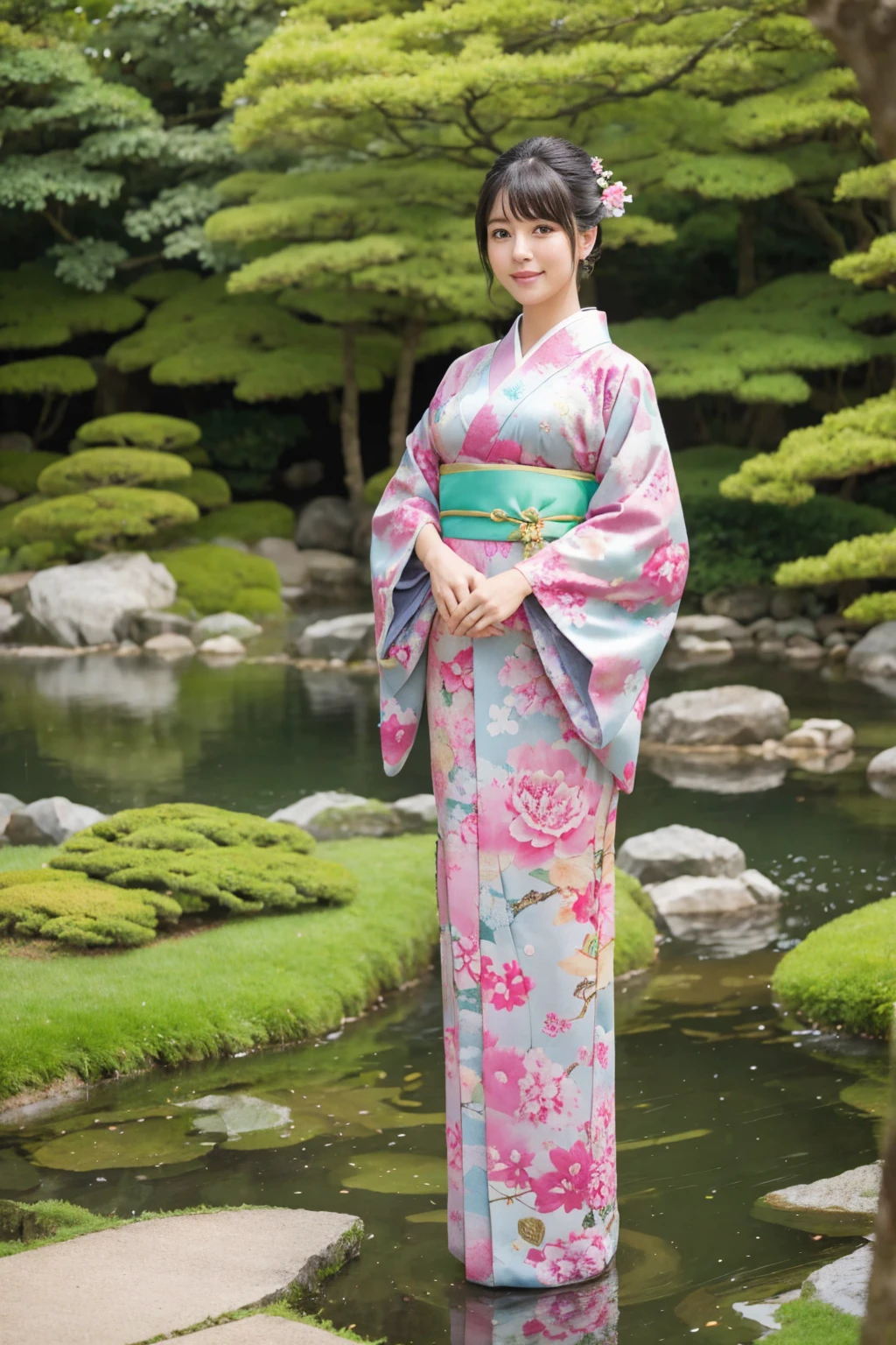 standing in a Japanese garden、Beautiful woman、(looking at viewer)、nature、kimono、Japanese clothing